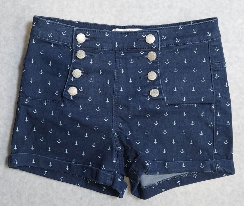 Almost Famous Nautical Sailor Shorts Navy Blue Anchor Pattern Juniors Size 3